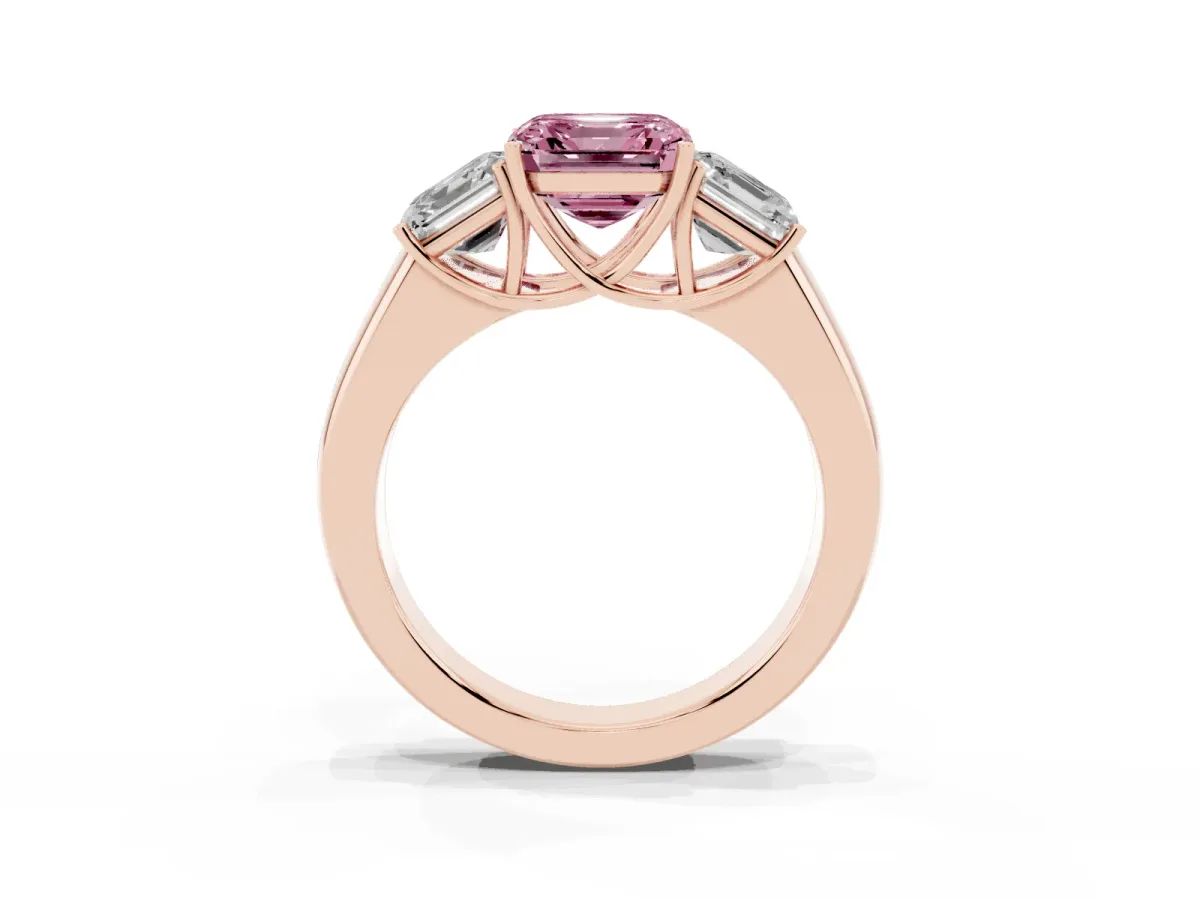 Fancy Pink Three-Stone Asscher Cut Cut Diamond Ring with Prong Setting and Classic Band Rose gold