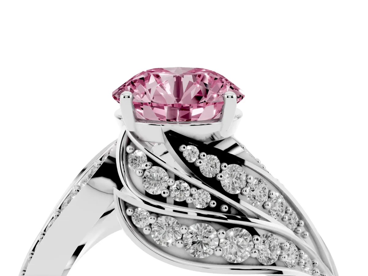 Fancy Pink Round Cut Diamond Solitaire Ring with Prong Setting and Twisted Pavé Band Silver