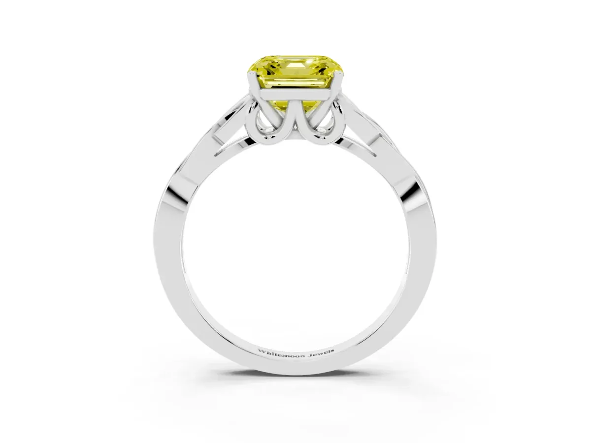 Fancy Yellow Asscher Cut Diamond Solitaire Engagement Ring with Celtic Knot Band and Four-Prong Setting White gold