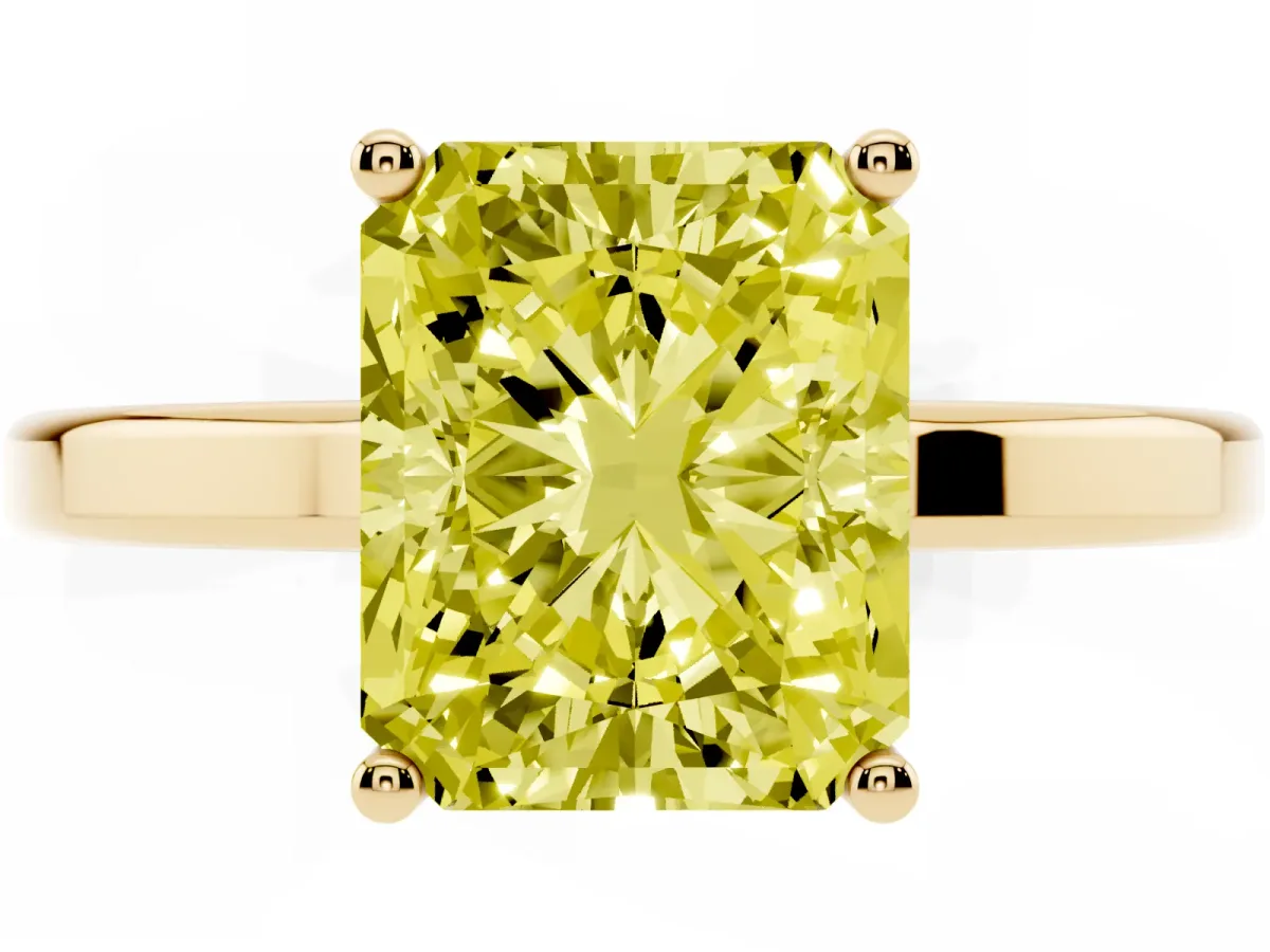 Fancy Yellow Radiant Cut Cut Solitaire Engagement Ring with Four-Prong Setting on a Classic Band Yellow gold