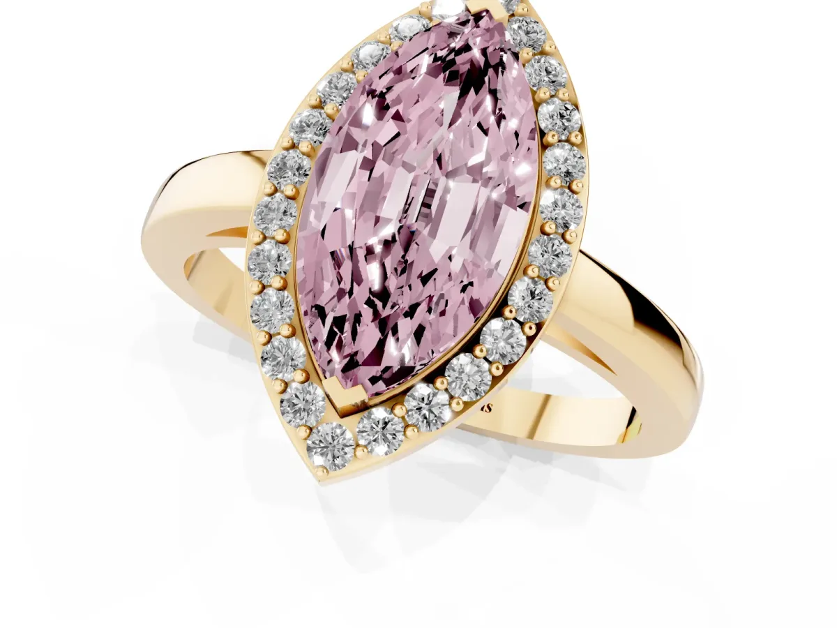 Fancy Pink Marquise Cut Halo Diamond Ring with Solitaire Band and Prong Setting Yellow gold