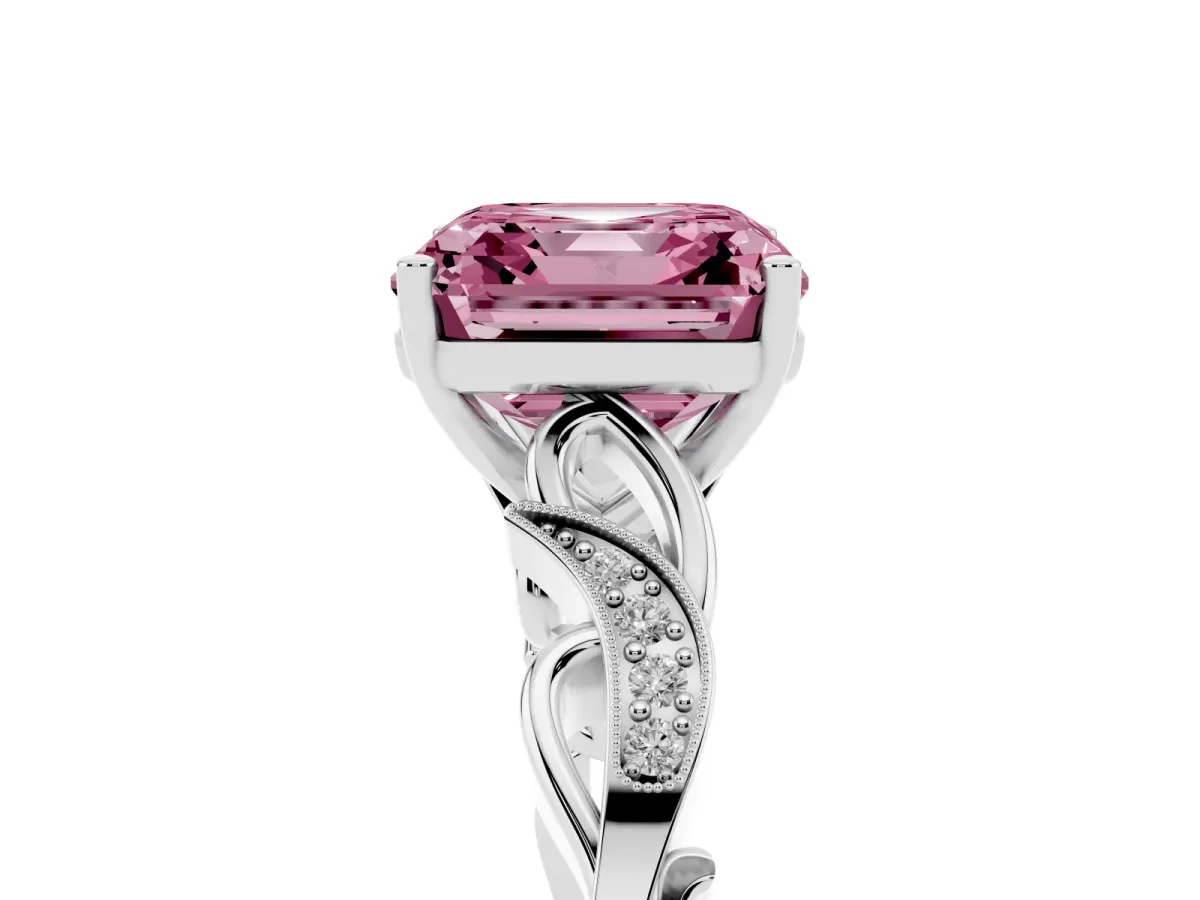 Fancy Pink Asscher Cut Solitaire Vine Band with Milgrain Prong Setting Platinum