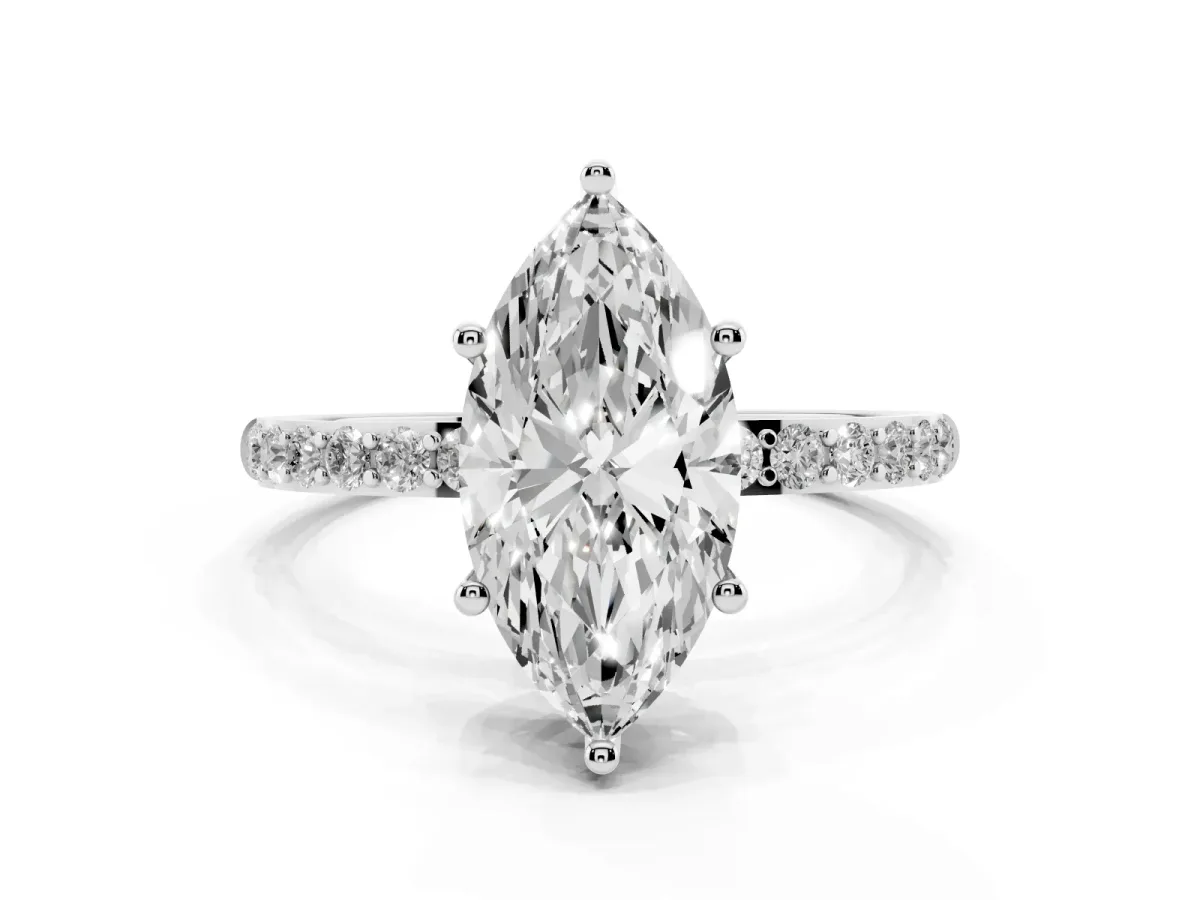 Marquise Cut Diamond Solitaire Ring with Round Pavé Shoulders and Prong Setting Silver