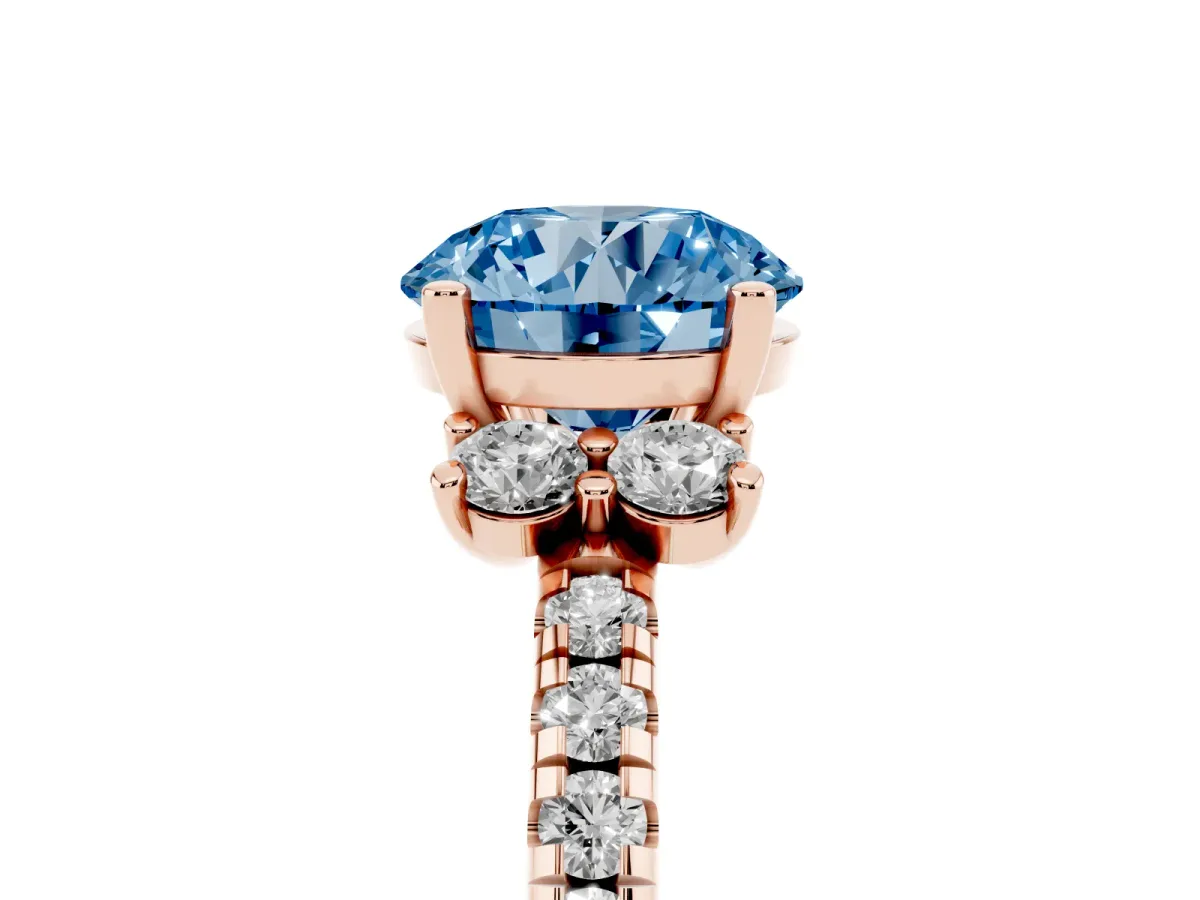 Fancy Blue Round Cut Diamond Three-Stone Pave Band with Four-Prong Setting Rose gold