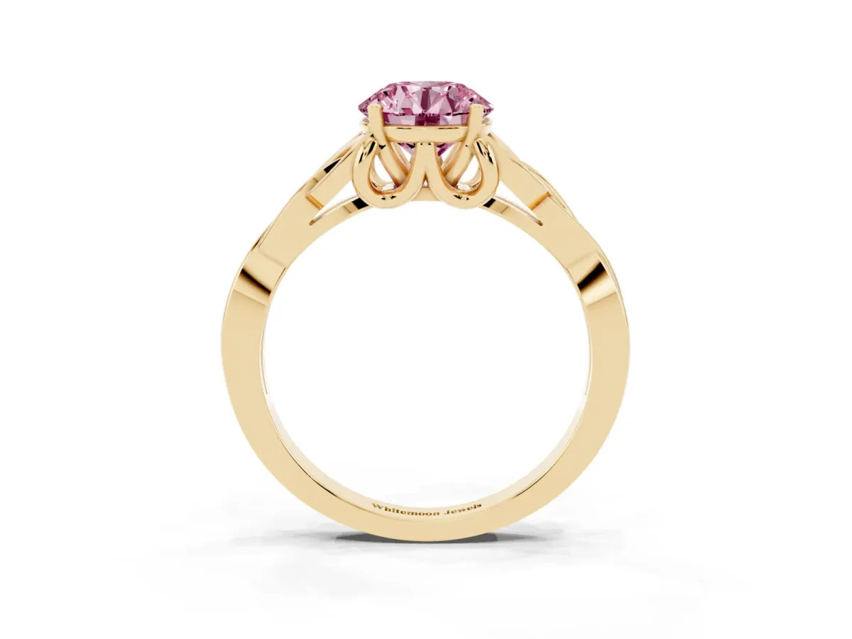 Fancy Pink Round Cut Diamond Solitaire Engagement Ring with Celtic Knot Band and Four-Prong Setting Yellow gold