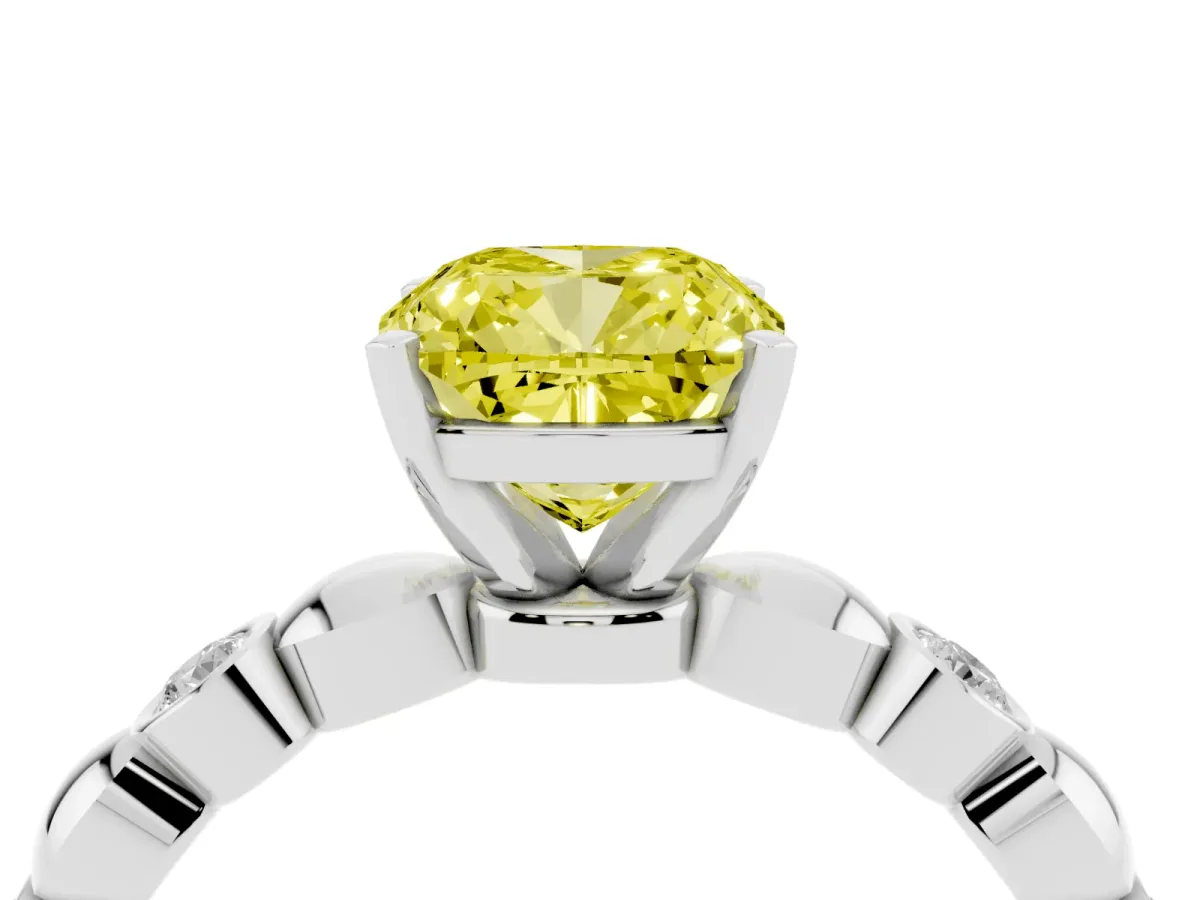 Fancy Yellow Cushion Cut Solitaire Bezel-Set Diamond Ring with Beaded Band and Four-Prong Setting Silver