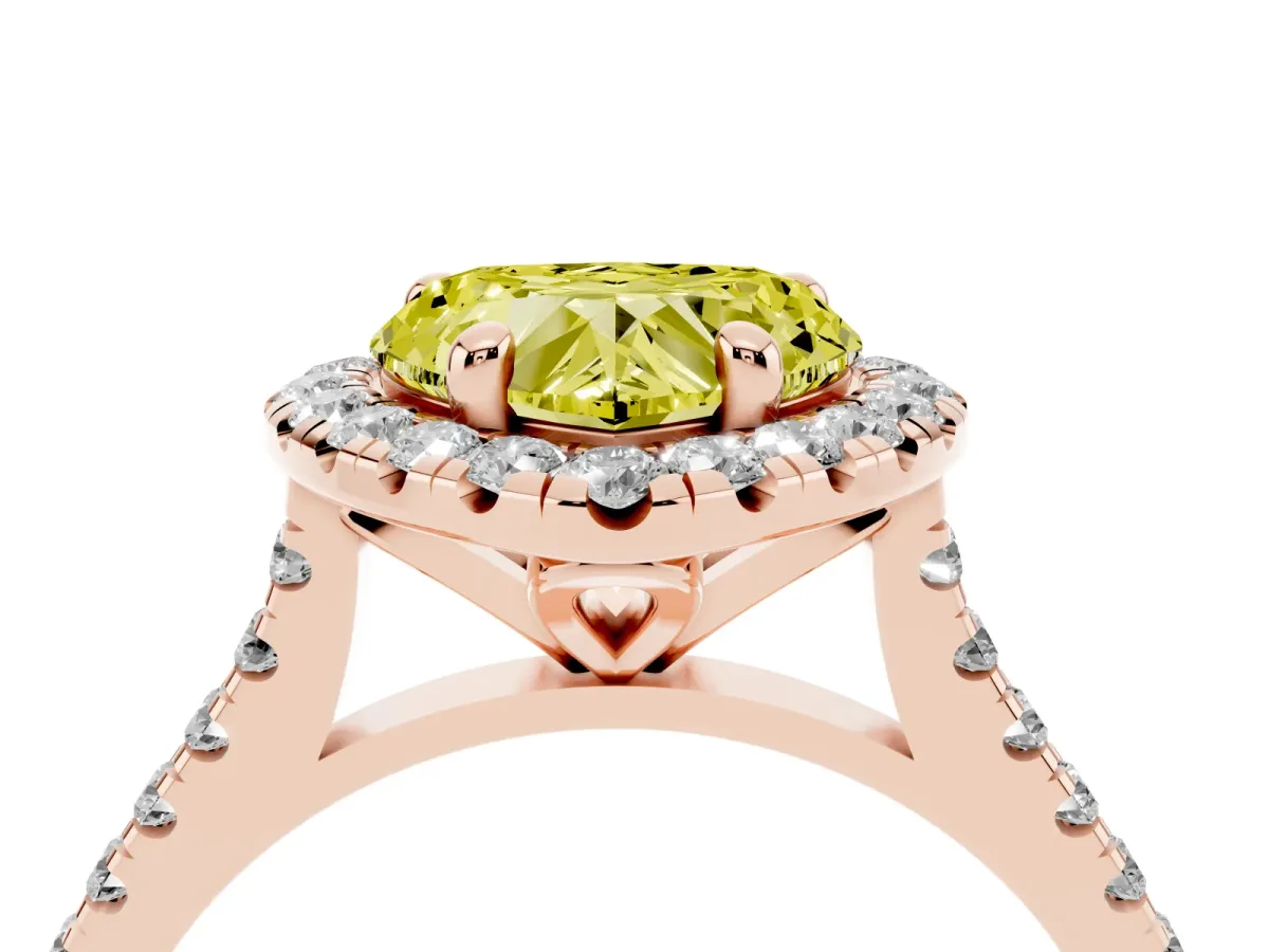 Fancy Yellow Heart Cut Diamond Cushion Halo Ring with Pavé Band Rose gold