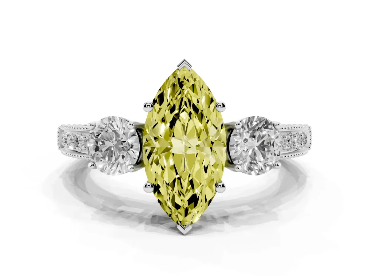Fancy Yellow Marquise Cut Three-Stone Diamond Ring with Pavé Band and Four-Prong Setting Silver