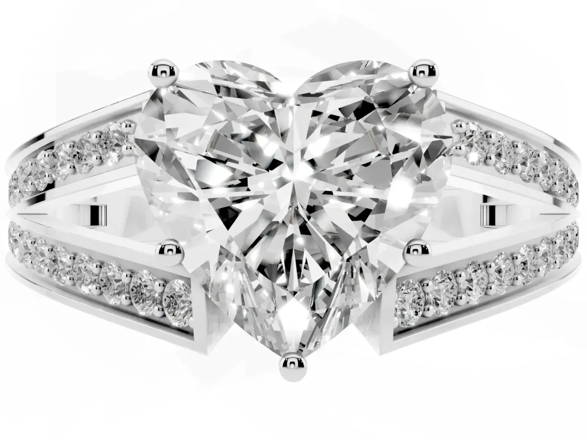 Heart Cut Diamond Split Shank Ring with Pavé Band and Four-Prong Setting Silver