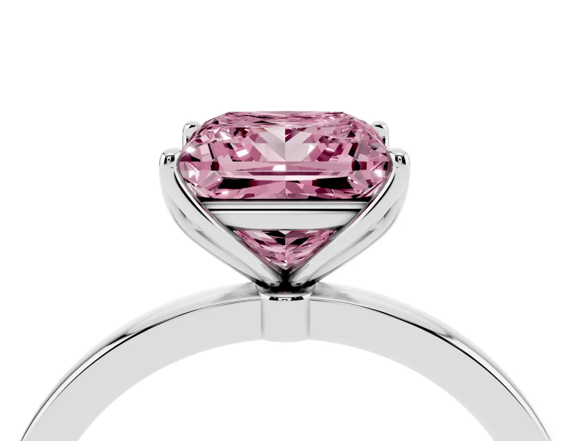 Fancy Pink Princess Cut Diamond Solitaire Ring with Thin Band and Prong Setting Silver