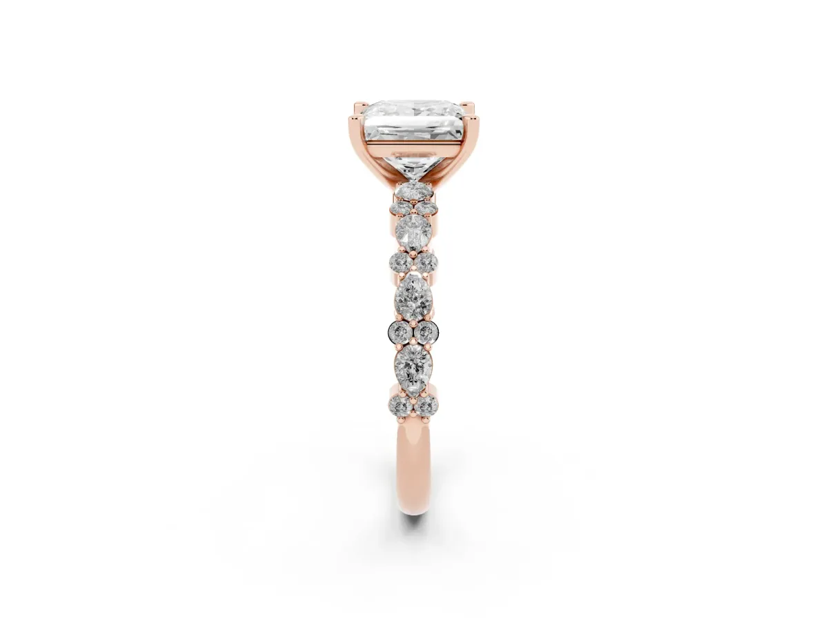 Princess Cut Diamond Side Stone Solitaire Ring with Round and Four-Prong Setting Rose gold