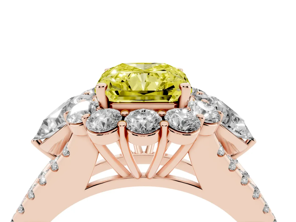 Fancy Yellow Radiant Cut Halo Split Shank Diamond Engagement Ring with Prong Setting Rose gold