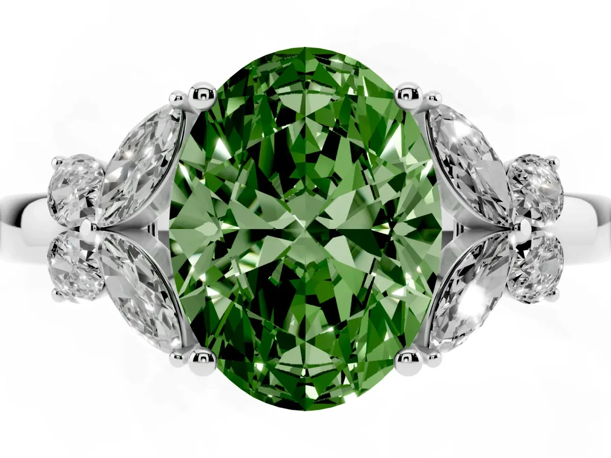 Fancy Green Oval Cut Cut Solitaire Floral Diamond Ring with Four-Prong Setting Platinum