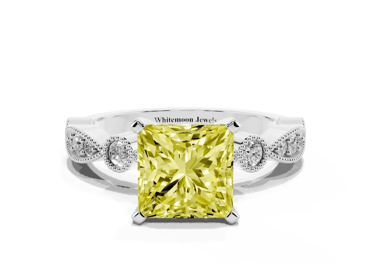 Fancy Yellow Princess Cut Milgrain Bezel Diamond Engagement Ring with Solitaire Prong Setting Silver