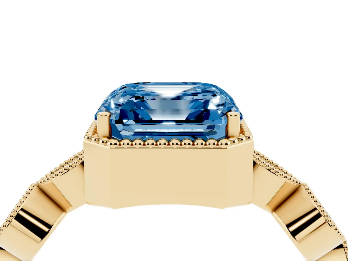 Fancy Blue Asscher Cut Diamond Vintage Milgrain Ring with Round Stations Yellow gold