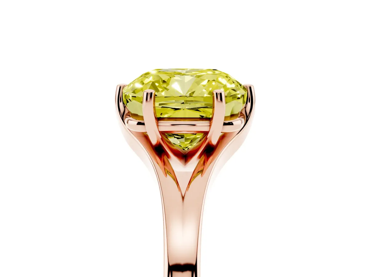 Fancy Yellow Cushion Cut Solitaire Diamond Ring with Six-Prong Setting and Tapered Band Rose gold