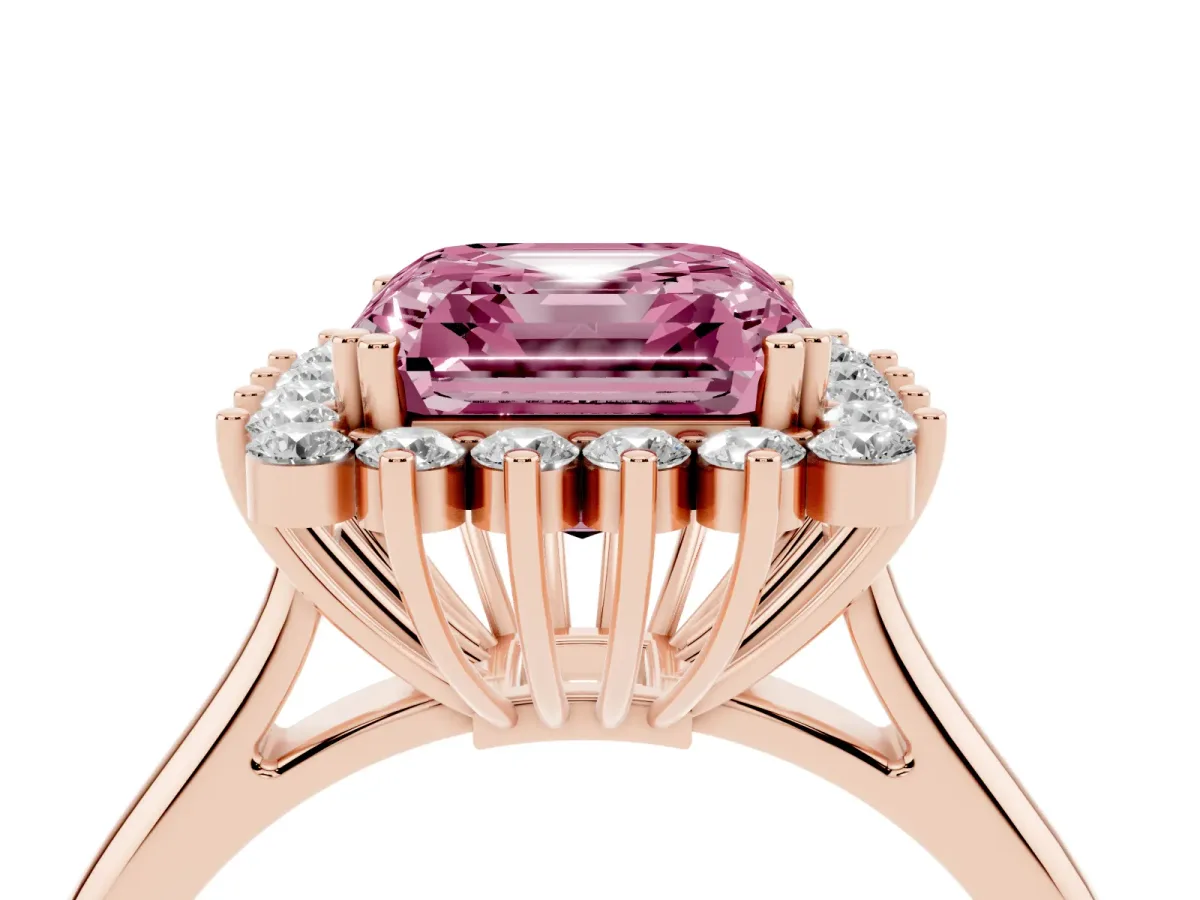 Fancy Pink Asscher Cut Cut Diamond Halo Ring with Solitaire Band and Prong Setting Rose gold