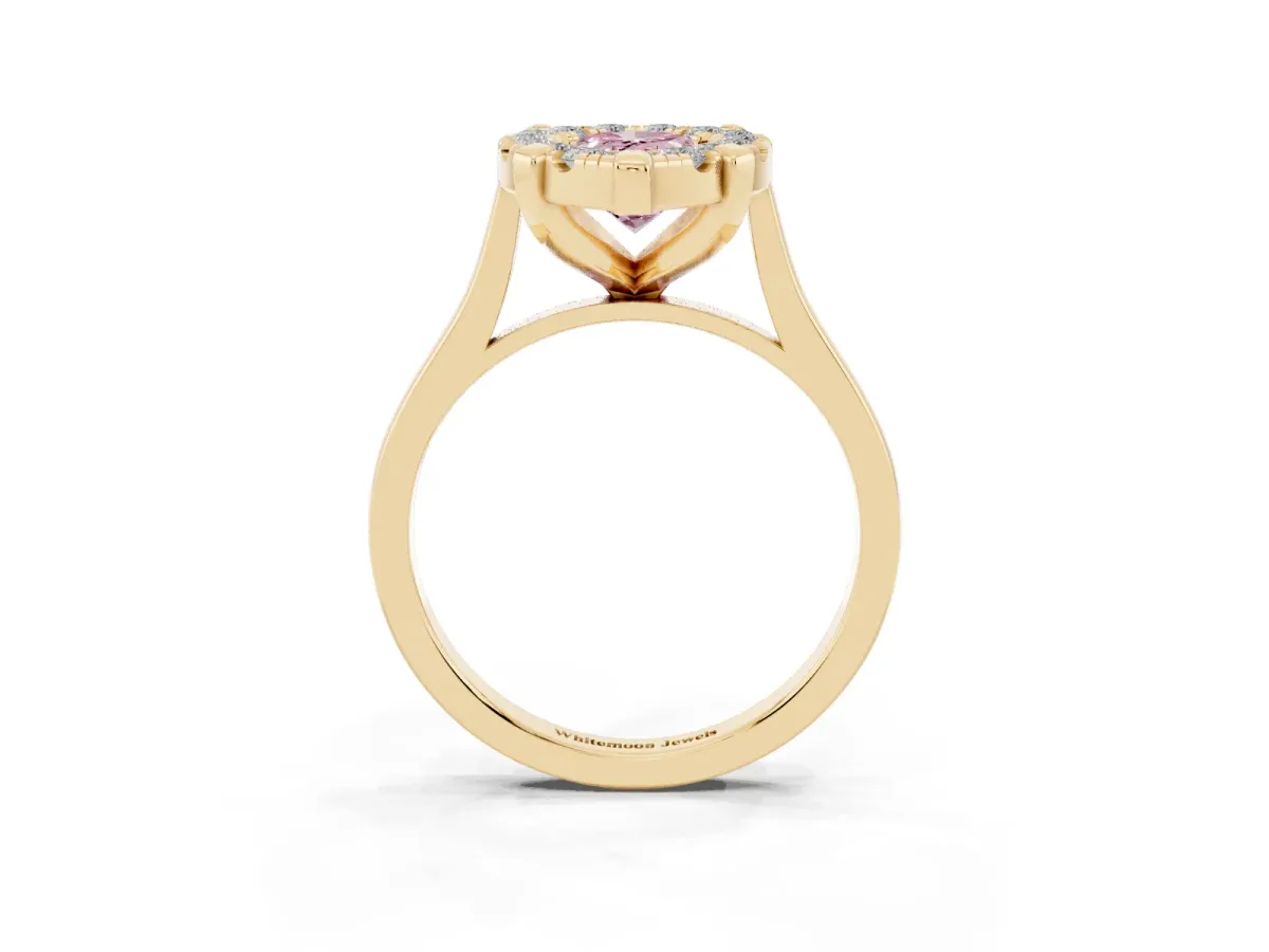 Fancy Pink Pear Cut Diamond Cluster Halo Solitaire with Four-Prong Setting Yellow gold