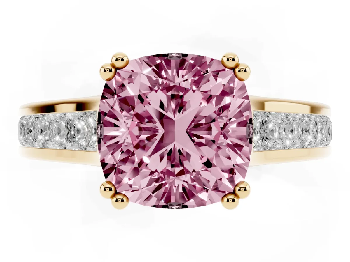 Fancy Pink Cushion Cut Cut Channel Set Solitaire Engagement Ring with Prong Setting Yellow gold