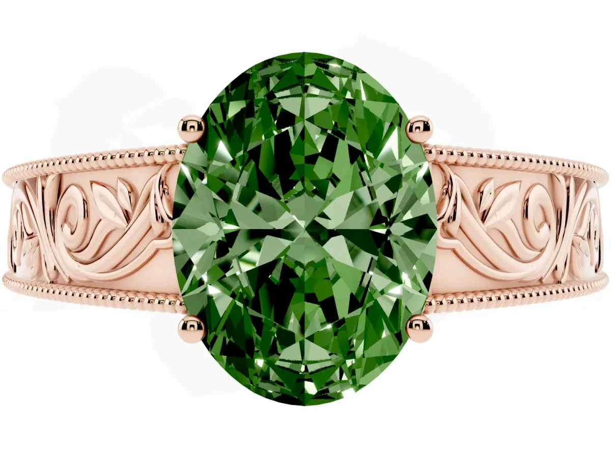 Fancy Green Oval Cut Diamond Solitaire Ring with Engraved Band and Four-Prong Setting Rose gold