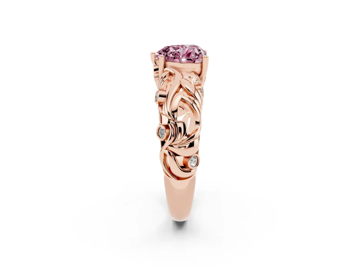 Fancy Pink Heart Cut Solitaire Diamond Leaf-Inspired Vine Band Ring with Prong Setting Rose gold