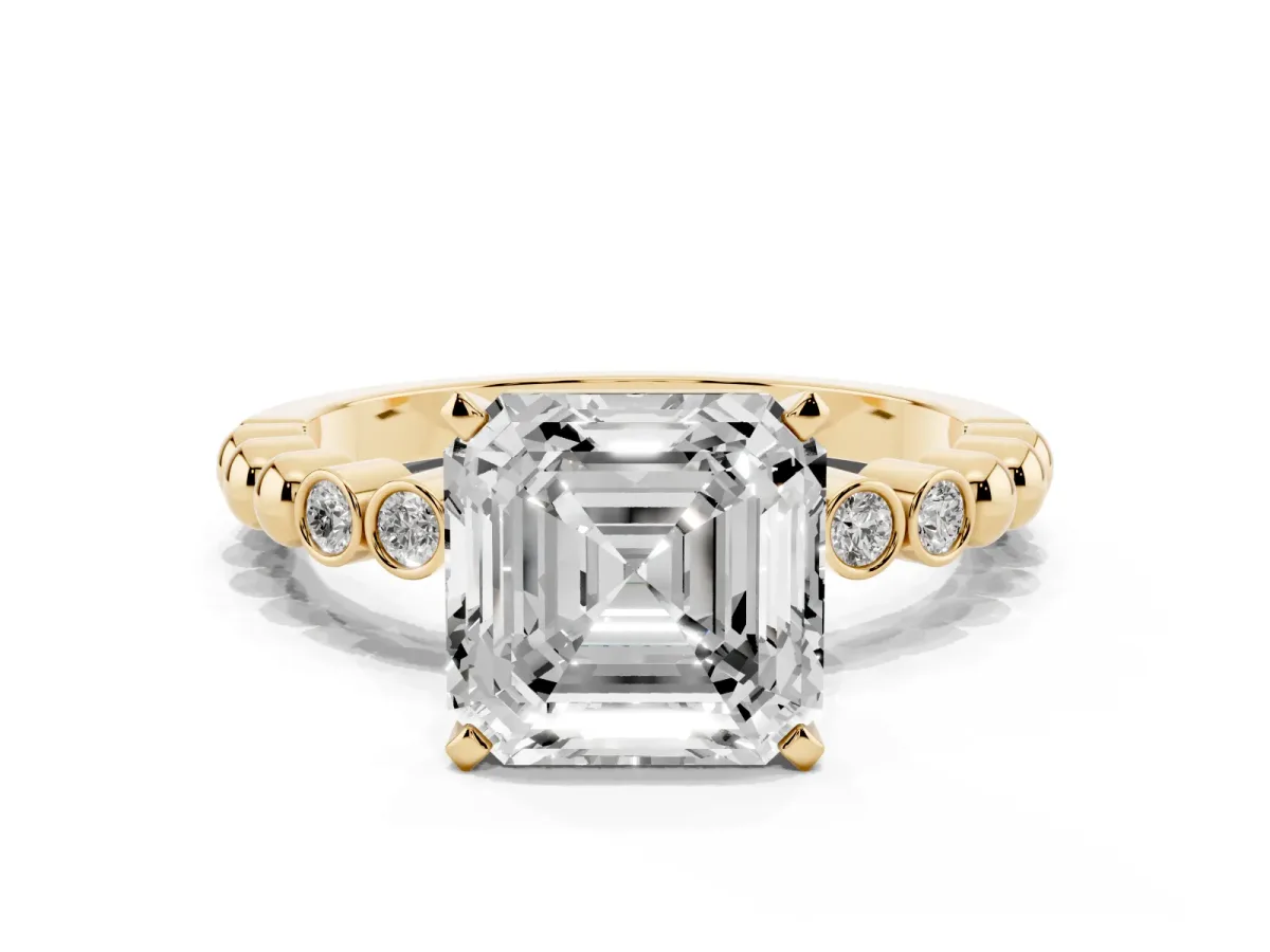 Asscher Cut Solitaire Bezel Accent Diamond Engagement Ring with Beaded Band and Four-Prong Setting Yellow gold