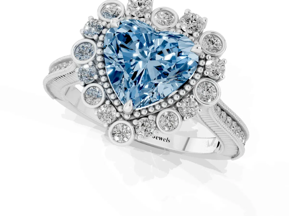 Fancy Blue Heart Cut Halo Milgrain Pave Diamond Ring with Four-Prong Setting Silver