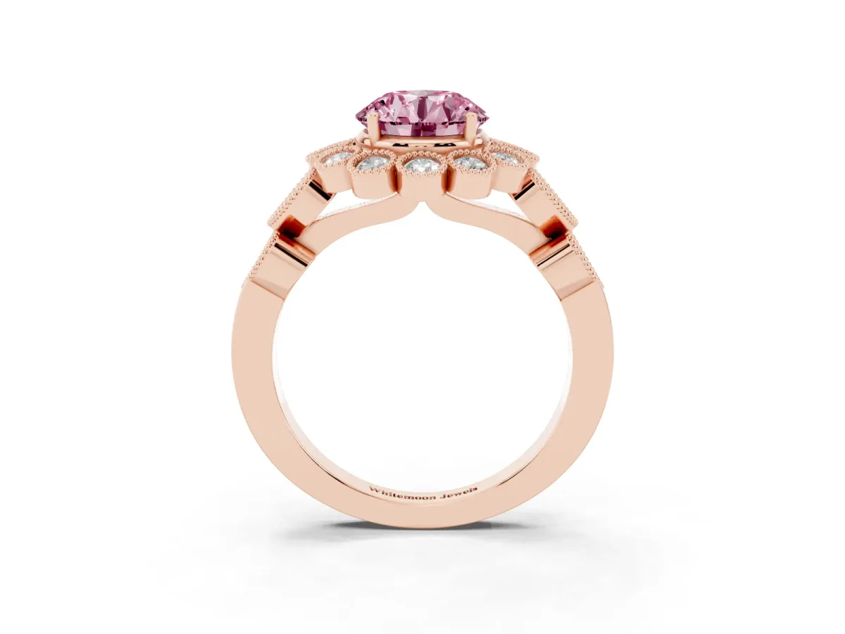 Fancy Pink Round Cut Brilliant Milgrain Pave Heart Band Solitaire Ring Rose gold
