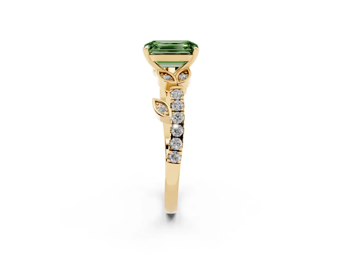 Fancy Green Emerald Cut Solitaire Leaf-Inspired Diamond Ring with Pavé Band and Four-Prong Setting Yellow gold