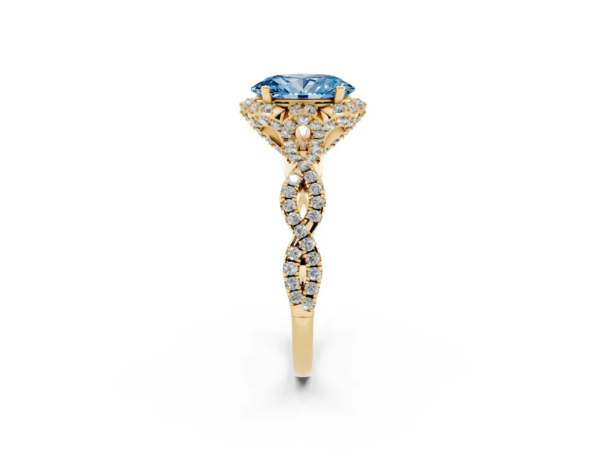 Fancy Blue Oval Cut Halo Twist Band Solitaire Ring with Six-Prong Setting Yellow gold