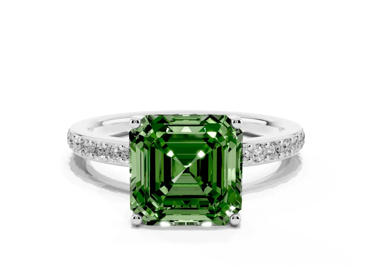 Fancy Green Asscher Cut Cut Diamond Pavé Band Ring with Four-Prong Setting Platinum