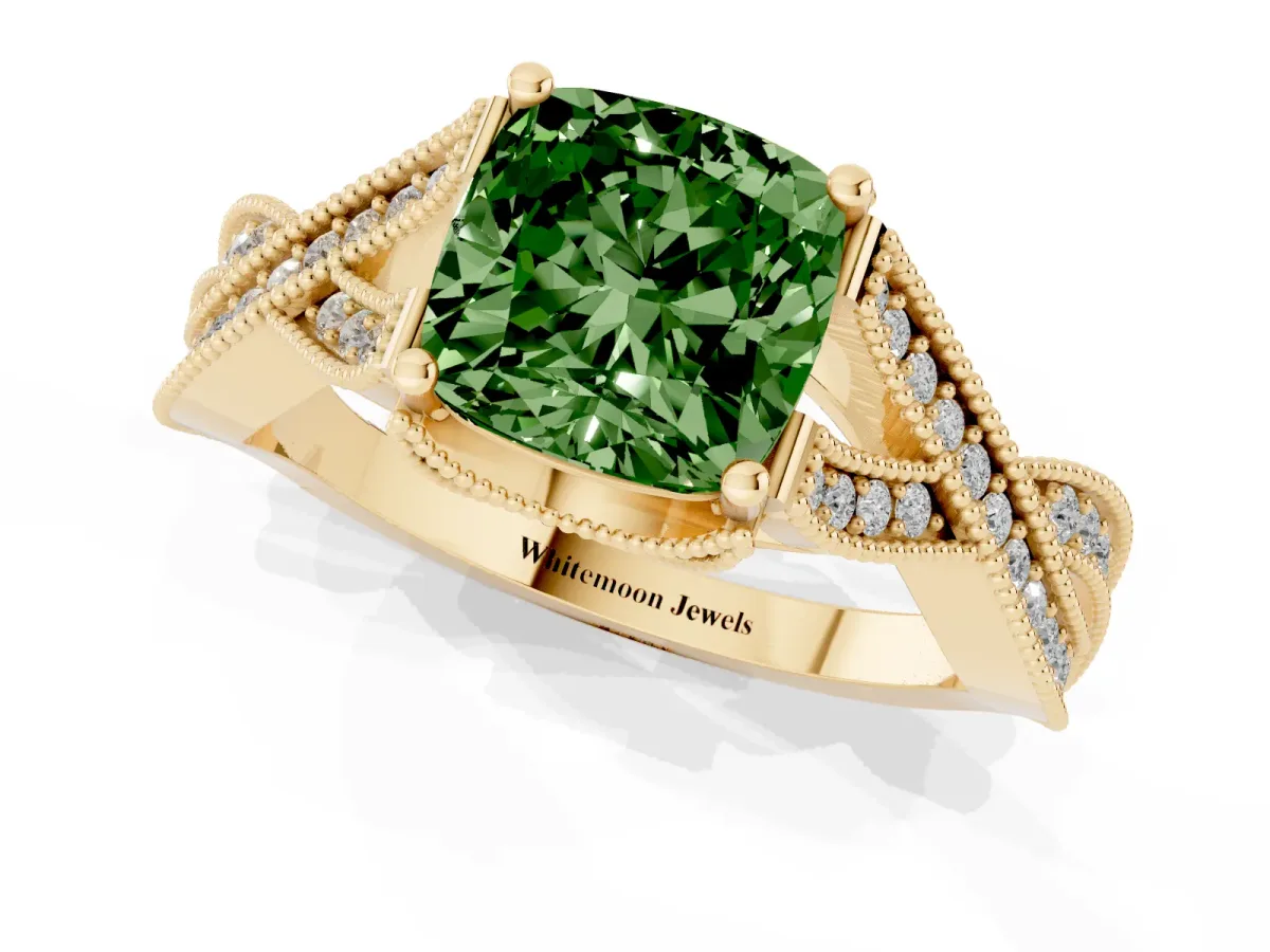 Fancy Green Cushion Cut Cut Diamond Twisted Band with Milgrain Pave Setting and Four-Prong Setting Yellow gold