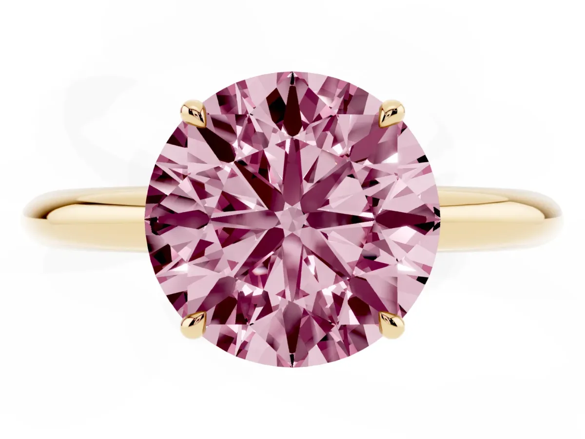 Fancy Pink Round Cut Brilliant Solitaire Engagement Ring with Six-Prong Setting and Classic Band Yellow gold