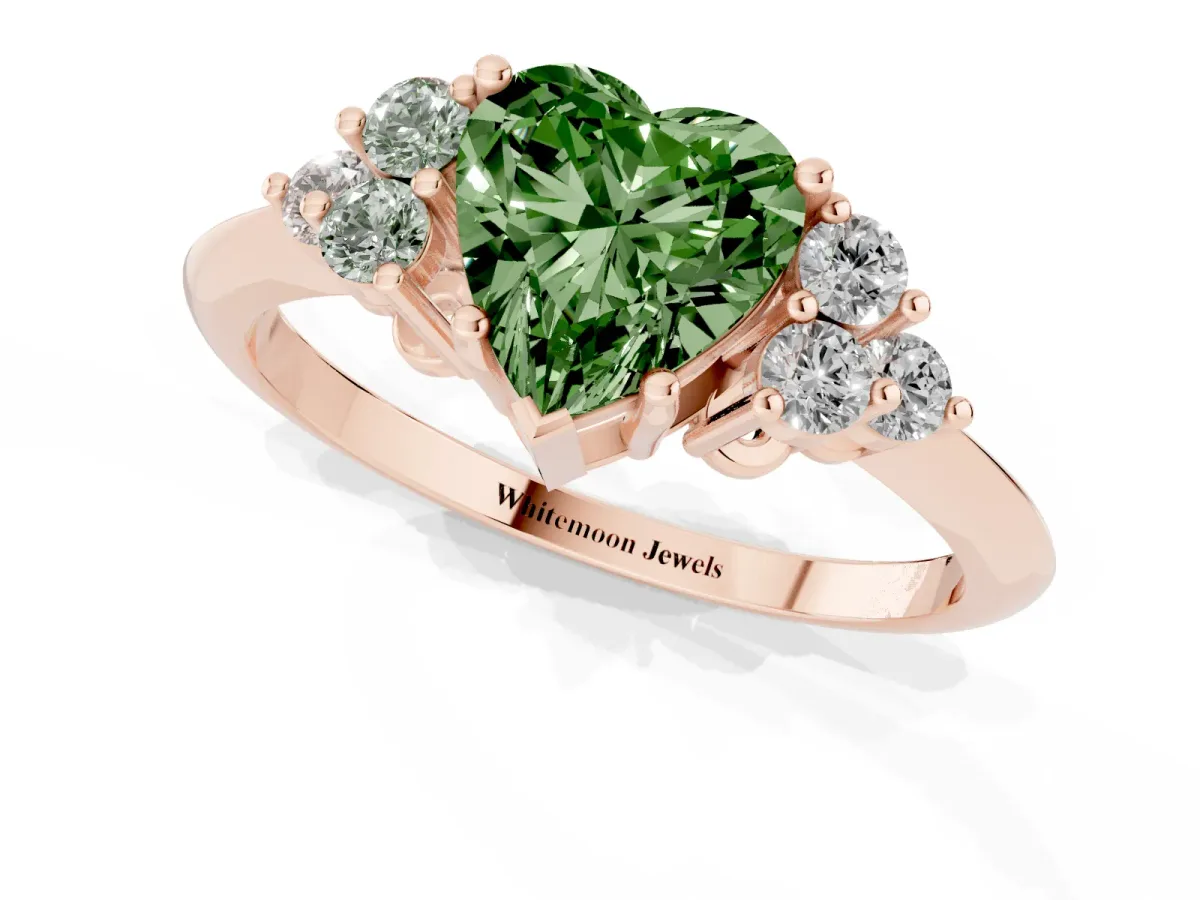 Fancy Green Heart Cut Cut Diamond Cluster Ring with Solitaire Band and Four-Prong Setting Rose gold