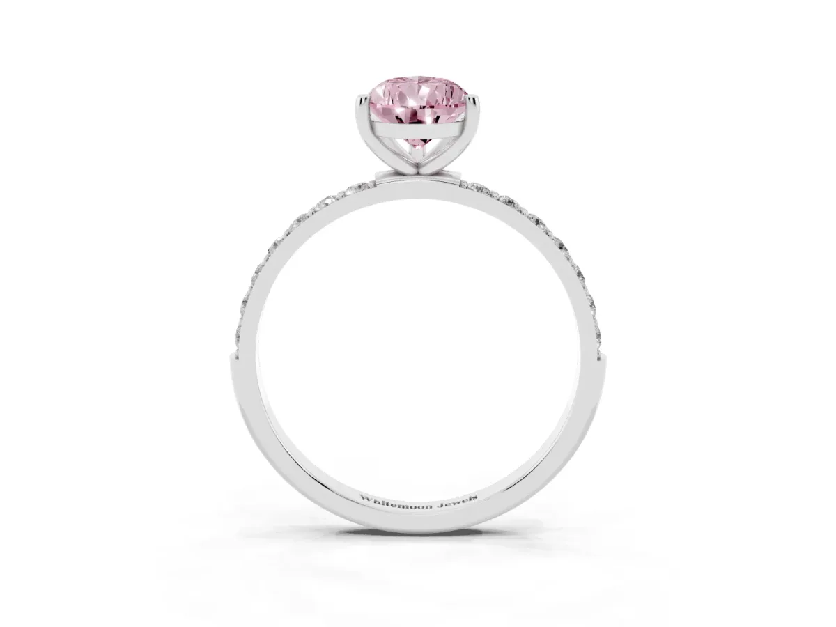 Fancy Pink Pear Cut Diamond Solitaire Ring with Round Pavé Shoulders and Prong Setting Silver