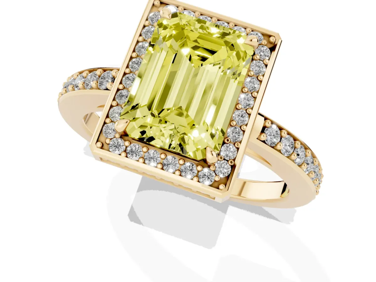 Fancy Yellow Emerald Cut Halo Pave Band Solitaire Ring with Prong Setting Yellow gold