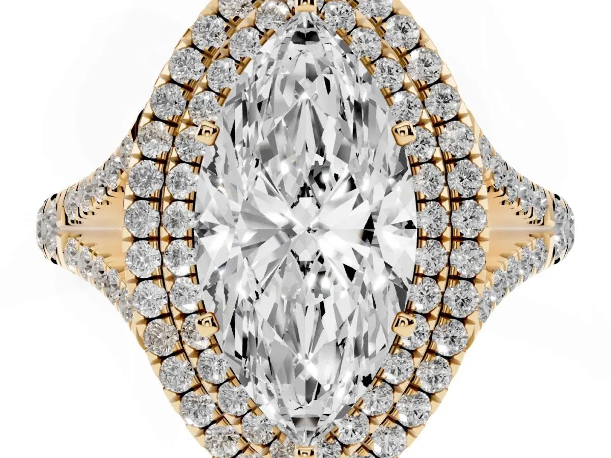 Double Halo Marquise Cut Diamond Split Shank Engagement Ring with Four-Prong Setting Yellow gold