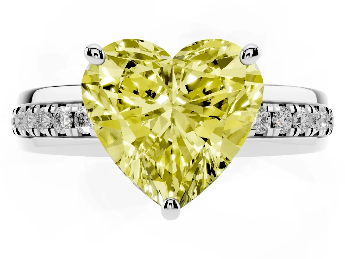 Fancy Yellow Heart Cut Solitaire Diamond Ring with Channel Set Band and Six-Prong Setting Platinum