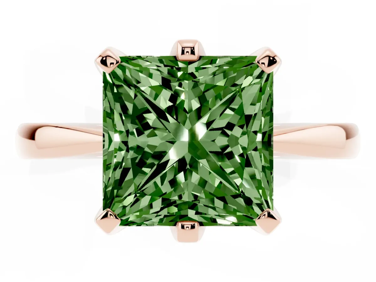 Fancy Green Princess Cut Solitaire Engagement Ring with Six-Prong Setting and Tapered Band Rose gold