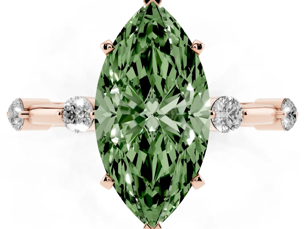 Fancy Green Marquise Cut Solitaire Diamond Ring with Bezel Set Side Stones and Prong Setting Rose gold