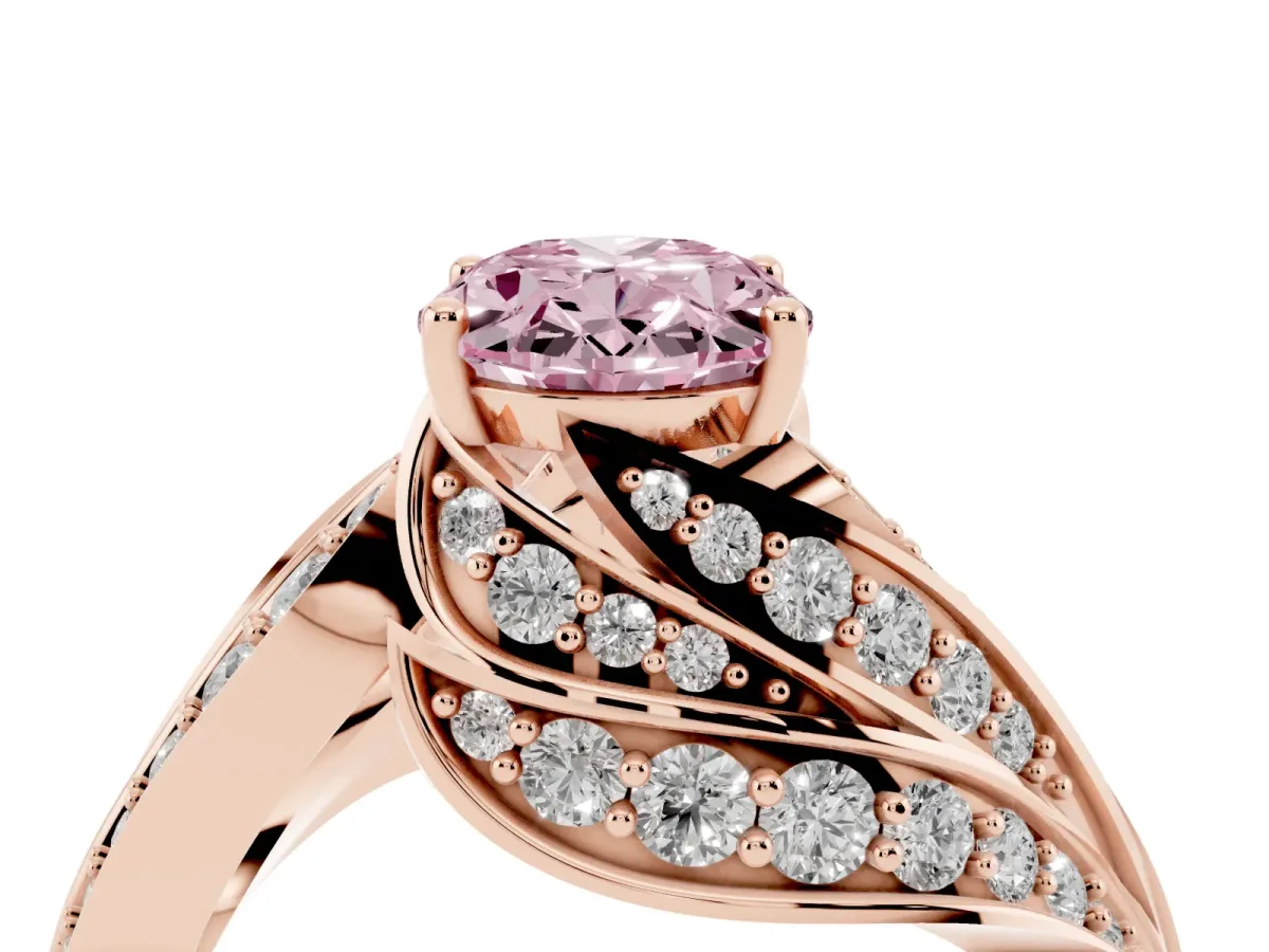 Fancy Pink Oval Cut Diamond Solitaire Ring with Prong Setting and Twisted Pavé Band Rose gold