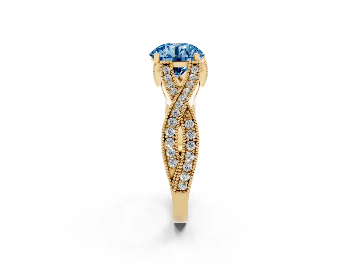 Fancy Blue Round Cut Cut Diamond Twisted Band with Milgrain Pave Setting and Four-Prong Setting Yellow gold