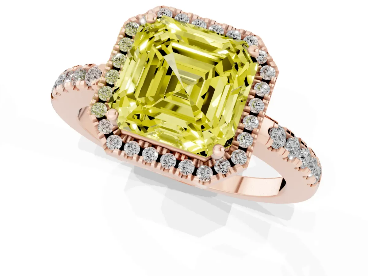 Fancy Yellow Asscher Cut Halo Diamond Engagement Ring with Pavé Band and Four-Prong Setting Rose gold