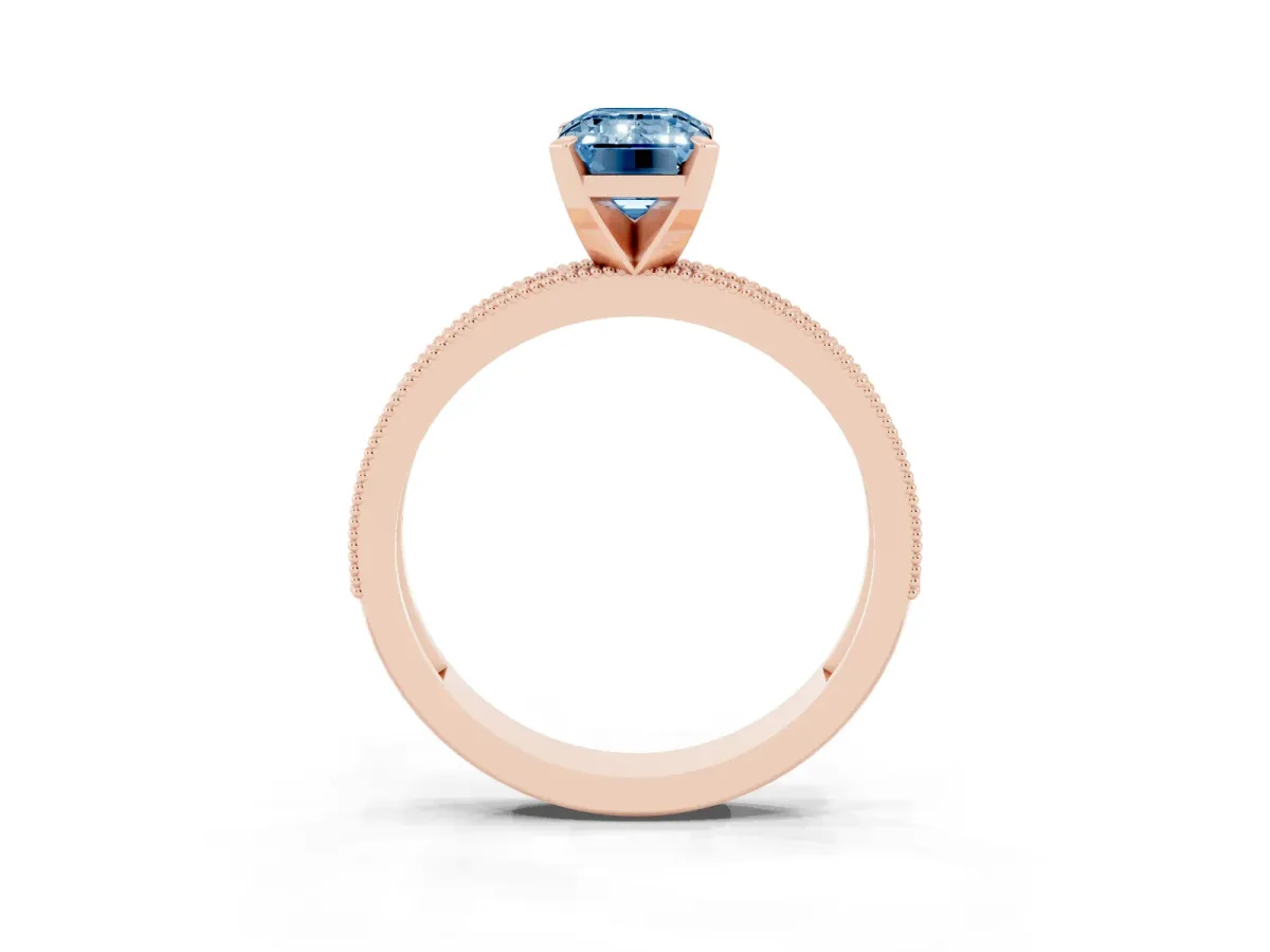 Fancy Blue Emerald Cut Diamond Milgrain Pavé Engagement Ring with Four-Prong Setting Rose gold