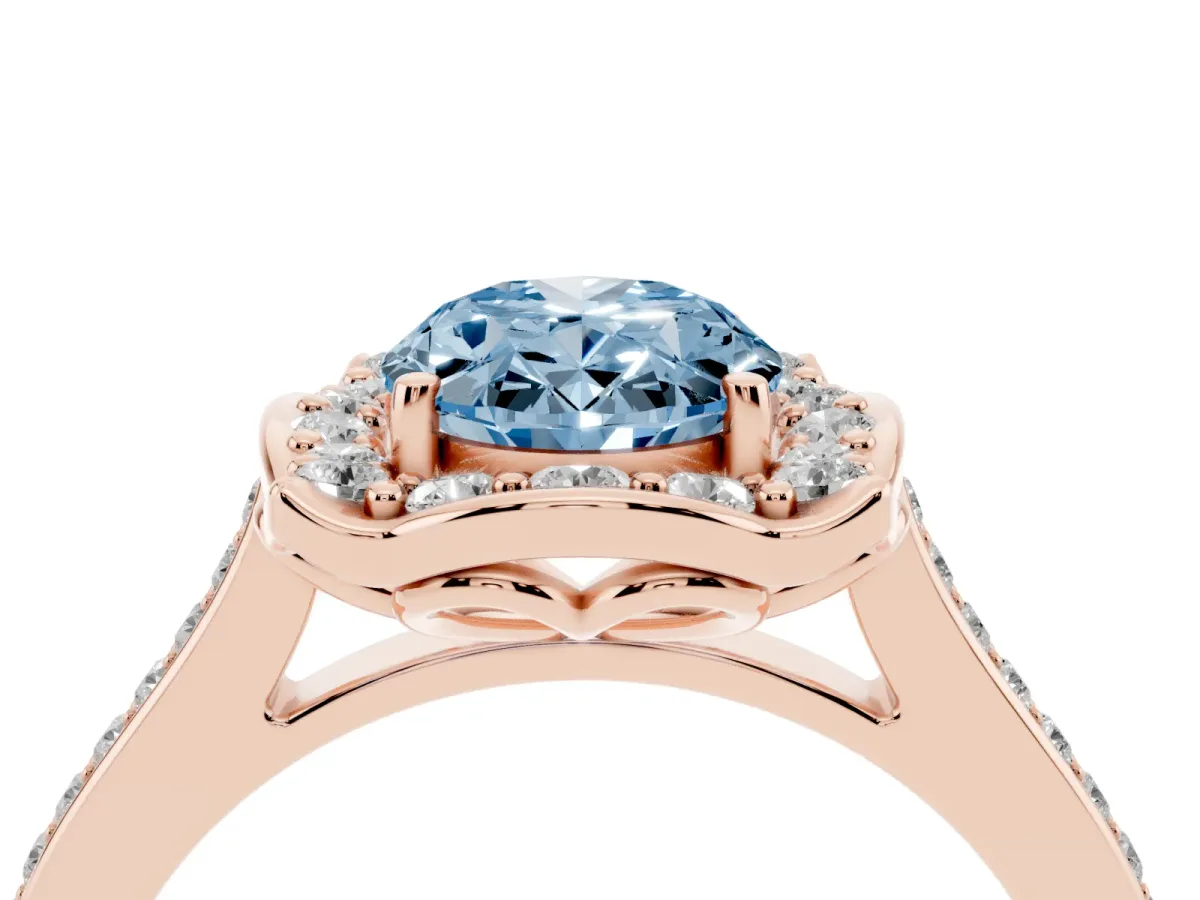 Fancy Blue Oval Cut Halo Round Diamond Pave Band with Four-Prong Setting Rose gold