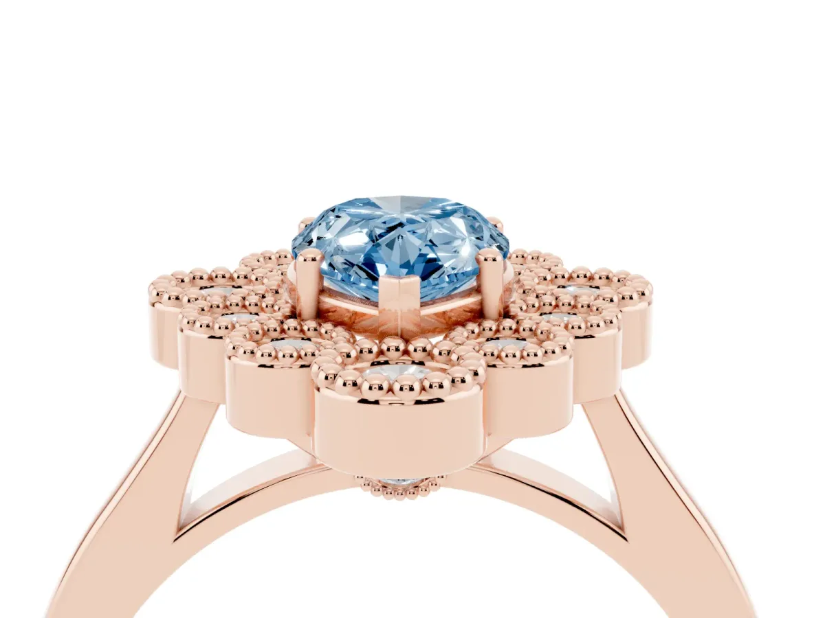 Fancy Blue Pear Cut Halo Diamond Cluster Engagement Ring with Milgrain Bezel Setting and Solitaire Band Rose gold