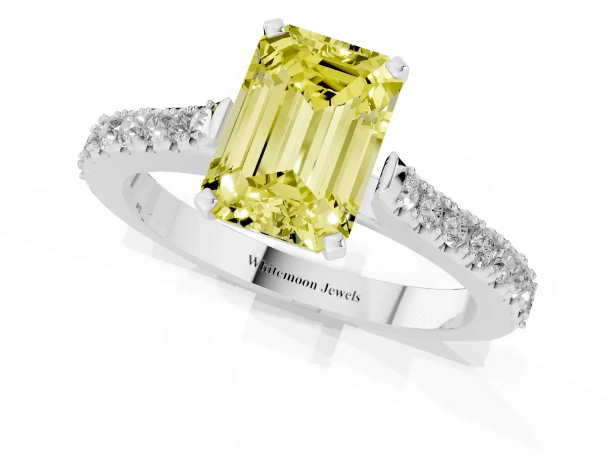 Fancy Yellow Emerald Cut Cut Solitaire Diamond Engagement Ring with Pave Band and Four-Prong Setting Platinum