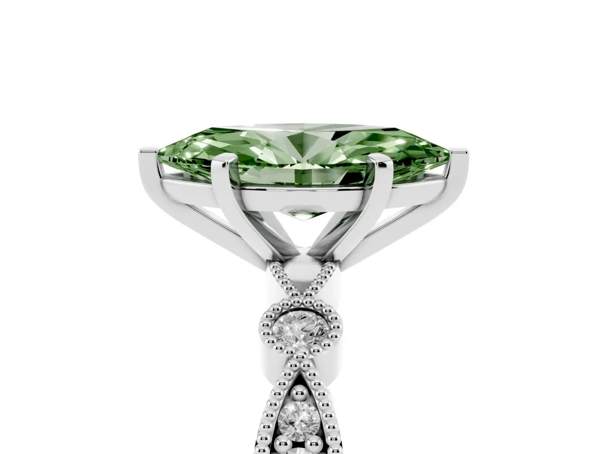 Fancy Green Marquise Cut Milgrain Bezel Diamond Engagement Ring with Solitaire Prong Setting Silver