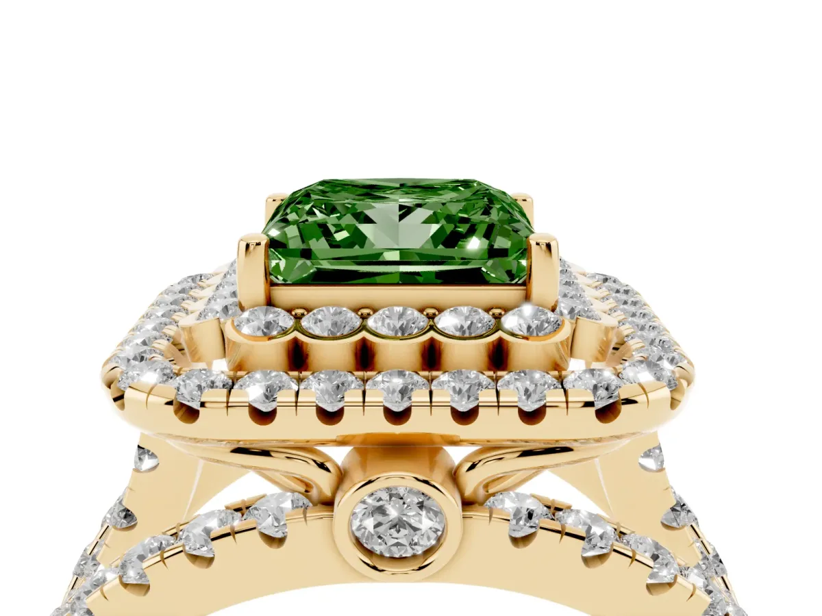 Fancy Green Princess Cut Diamond Double Halo Ring with Round Pavé Split Shank and Prong Setting Yellow gold