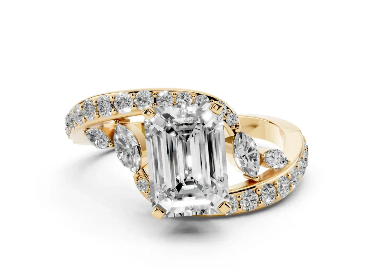 Emerald Cut Solitaire with Pavé Twist Band and Four-Prong Setting Yellow gold